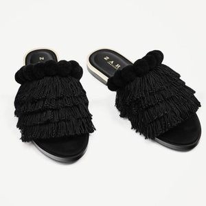 Zara Pom Pom and Fringe slide on sandal